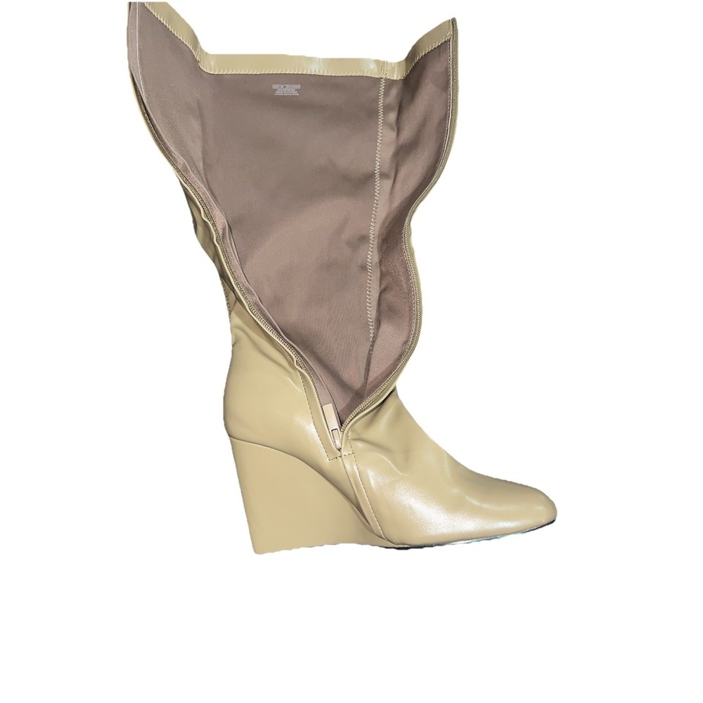3N5/ZARA Beige Knee High Wedge Boots Faux Leather Round Toe Zip Size 38 - Picture 3 of 6